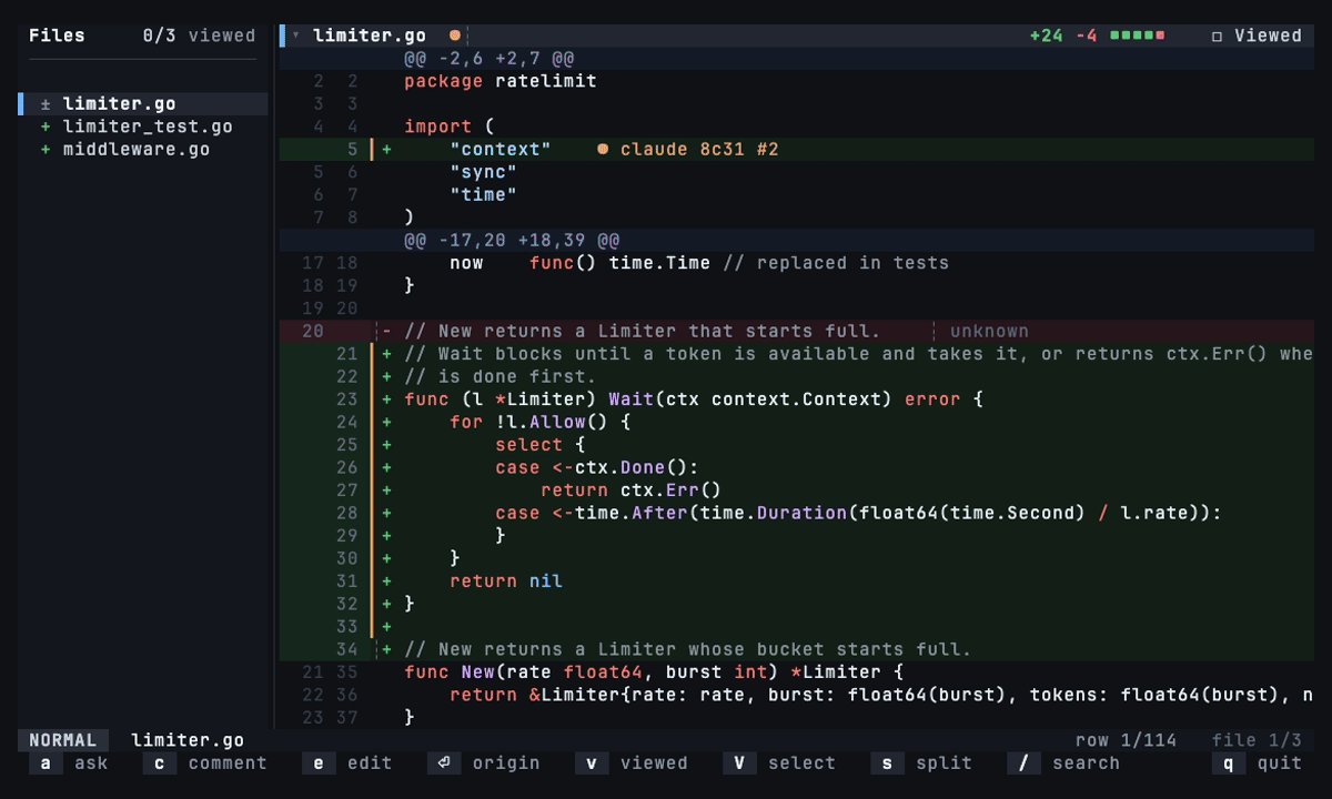 dr in a terminal: each changed line of a Go repository carries the agent session that wrote it, an origin card shows the request, the agent's note and its reply, and a comment box takes a review comment.